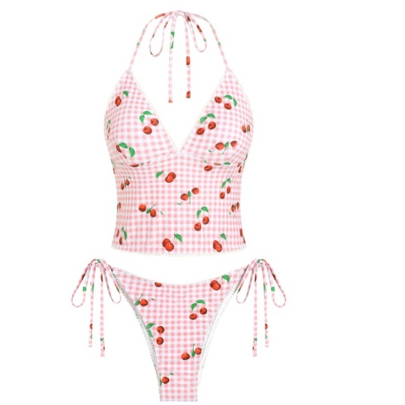 Pink Gingham Cherry Print Tankini Set - Picture 1 of 1